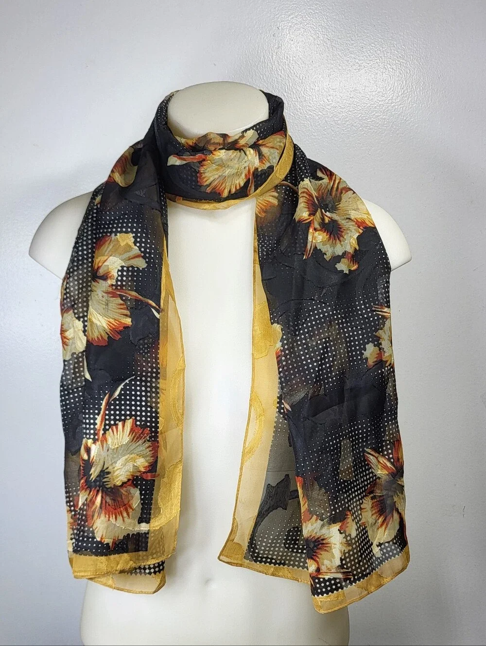 Mosi Silk Touch Black Floral Sheer Scarf with Yellow Accents 64
